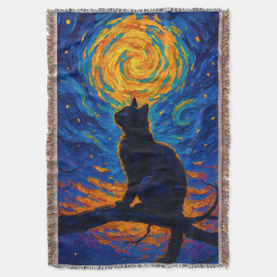Van Gogh-stil svart katt som betraktar månen Filt
