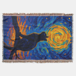 Van Gogh-stil svart katt som betraktar månen Filt