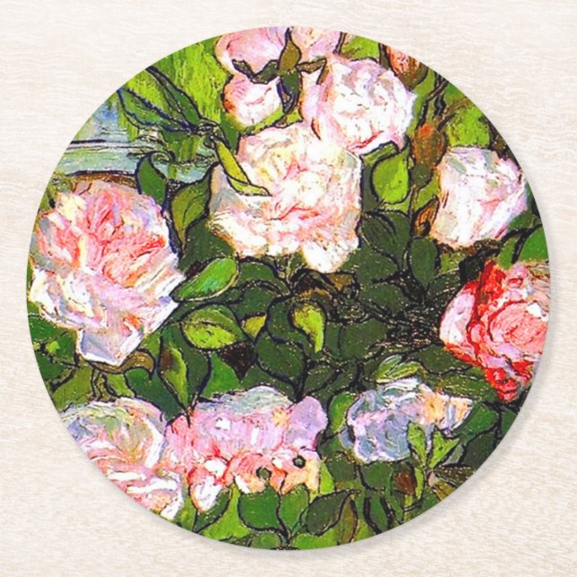 Van Gogh still Life med Rosa ros Underlägg Papper Rund (Framsidan)