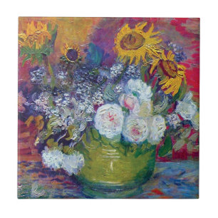 Van Gogh - Stilleben med rosor och solrosor Kakelplatta