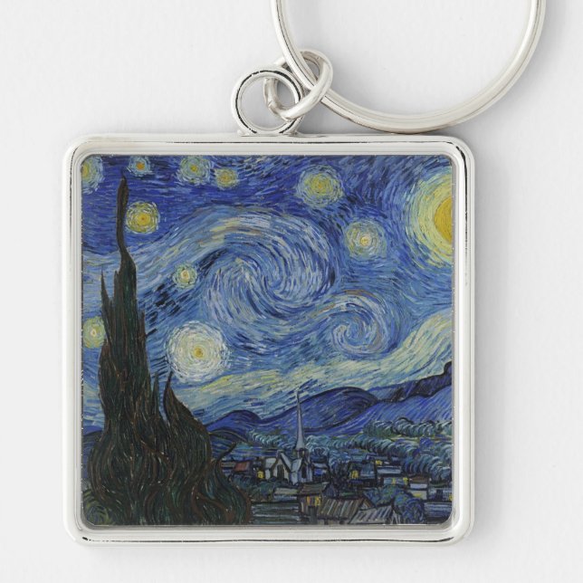 Van Gogh Stjärnenatt Fyrkantig Silverfärgad Nyckelring (Framsidan)