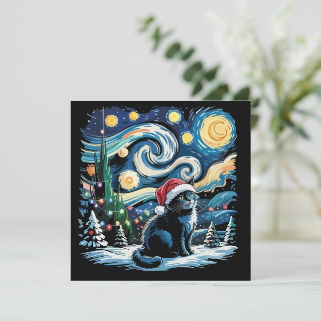Van Gogh Stjärnklar natt Festiv jul Svart katt  Julkort (Stående Fram)