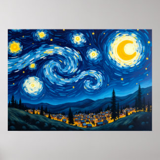 Van Gogh Stjärnklar Natt Inspirerad Virvlande Himm Poster