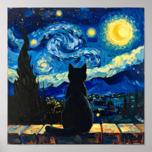 Van Gogh Stjärnklar natt med svart katt Poster