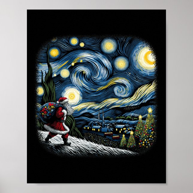 Van Gogh Stjärnklar natt Santa jul vinter snöig Poster (Framsidan)