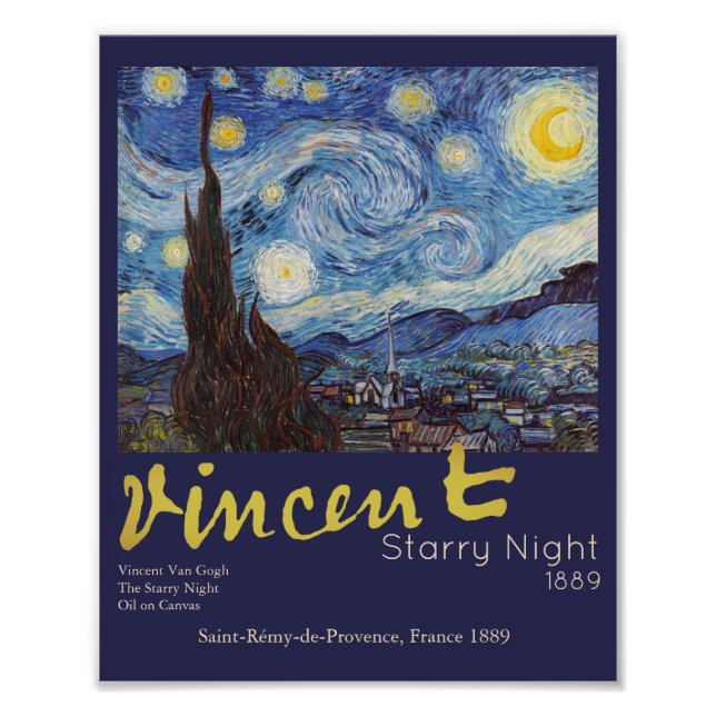 Van Gogh Stjärnklar Natt Vintage Blå Mästerverk Fototryck (Framsidan)