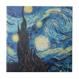 Van Gogh Stjärnklar Natt Vintage Blå Mästerverk Kakelplatta