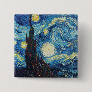 Van Gogh Stjärnklar Natt Vintage Blå Mästerverk Knapp