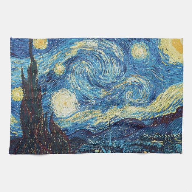Van Gogh Stjärnklar Natt Vintage Blå Mästerverk Kökshandduk (Horisontell)