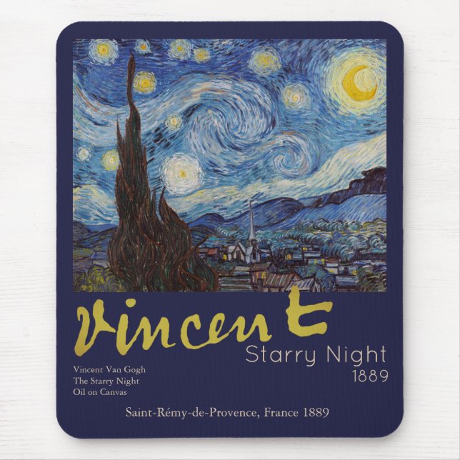 Van Gogh Stjärnklar Natt Vintage Blå Mästerverk Musmatta (Framsidan)