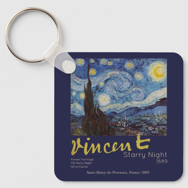 Van Gogh Stjärnklar Natt Vintage Blå Mästerverk Nyckelring (Framsida)