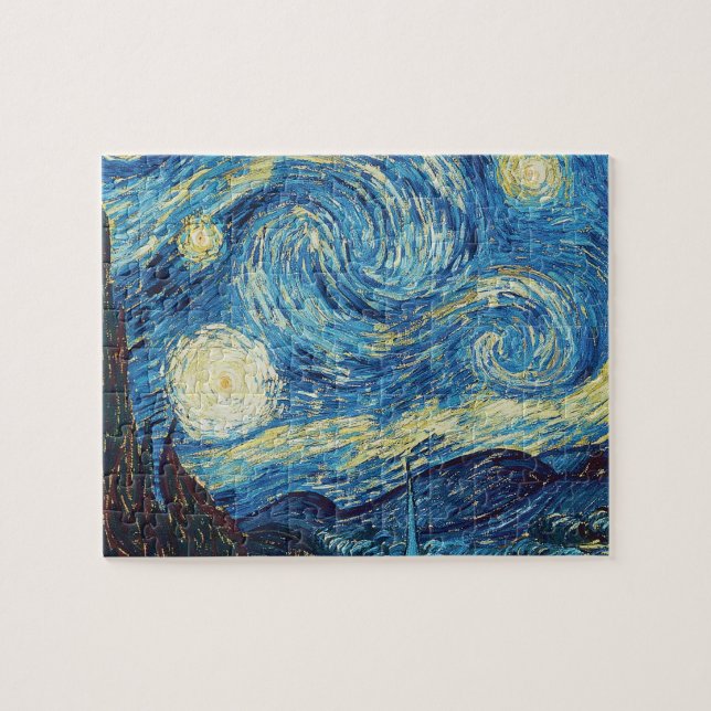 Van Gogh Stjärnklar Natt Vintage Blå Mästerverk Pussel (Horisontell)