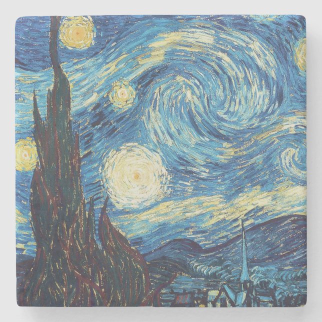 Van Gogh Stjärnklar Natt Vintage Blå Mästerverk Stenunderlägg (Framsidan)