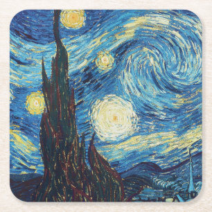 Van Gogh Stjärnklar Natt Vintage Blå Mästerverk Underlägg Papper Kvadrat