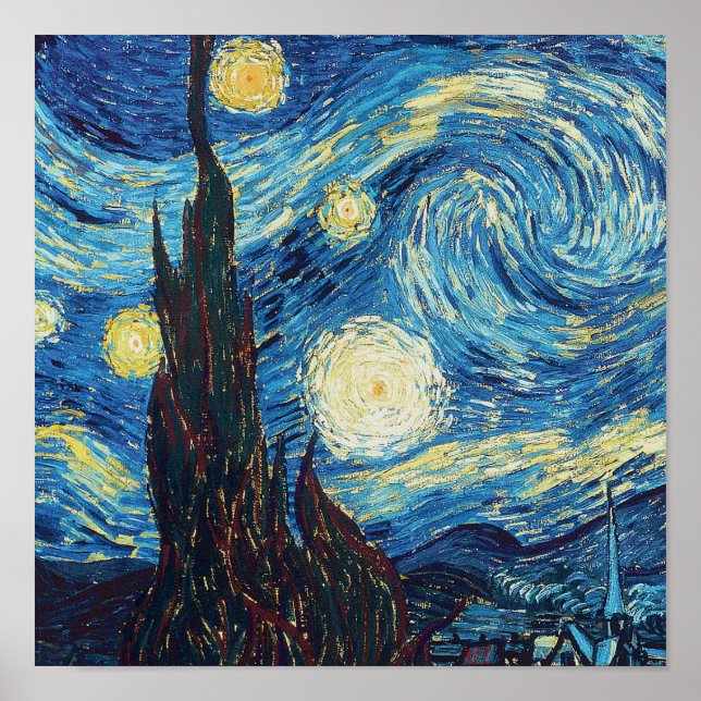 Van Gogh Stjärnklar Natt Vintage Blått Mästerverk Poster (Framsidan)