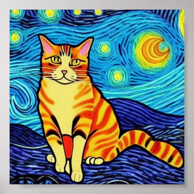 Van Gogh stjärnklart natt katt Poster (Framsidan)