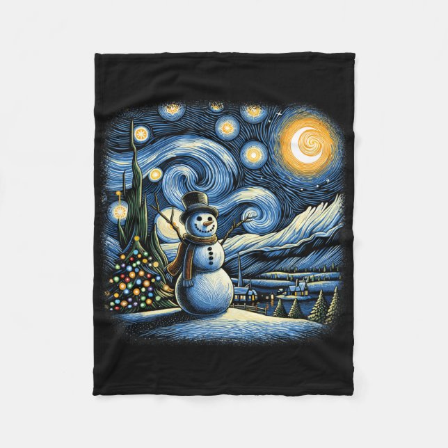Van Gogh Stjärnkväll Jul Snöman Vinter Snö Fleecefilt (Framsidan)