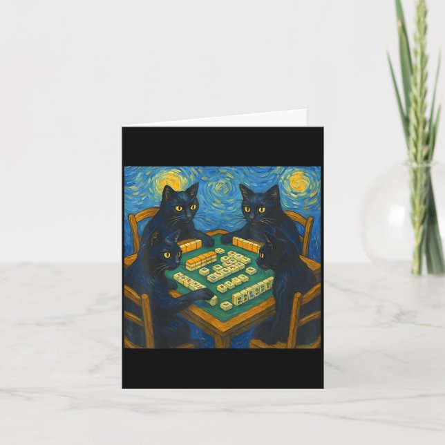 Van gogh stjärnkväll katt spelar mahjong kinesiska kort (Framsida)