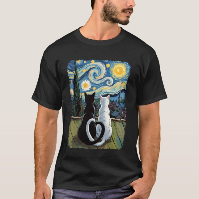 Van Gogh Stjärnkväll Katt T Shirt (Framsida)