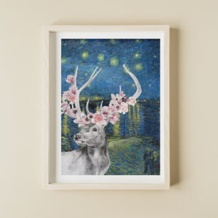 Van Gogh Stjärnkväll och hjort Blommor Kompilation Poster