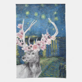 Van Gogh Stjärnkväll och hjort Blomster Kompilatio Kökshandduk