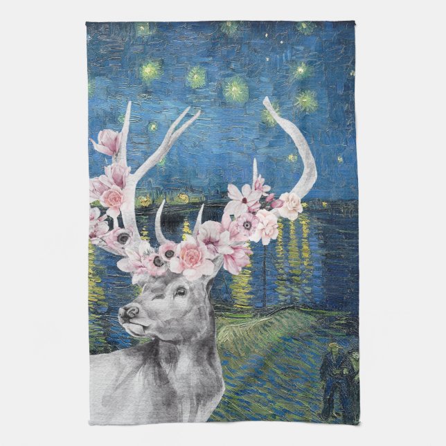 Van Gogh Stjärnkväll och hjort Blomster Kompilatio Kökshandduk (Vertikal)