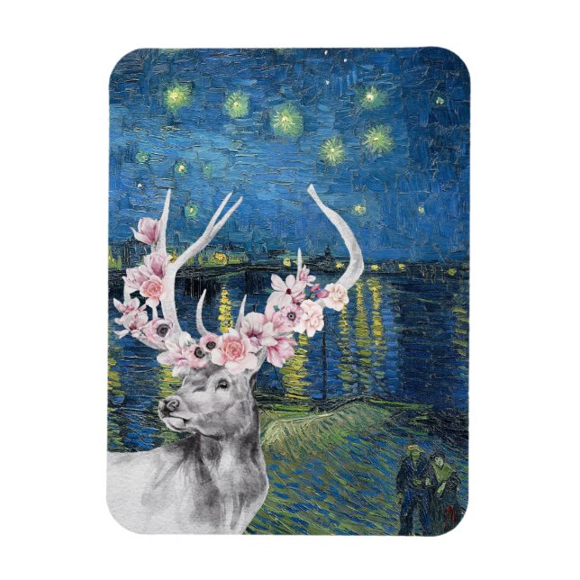 Van Gogh Stjärnkväll och hjortblomsterkompilation Magnet (Vertikal)