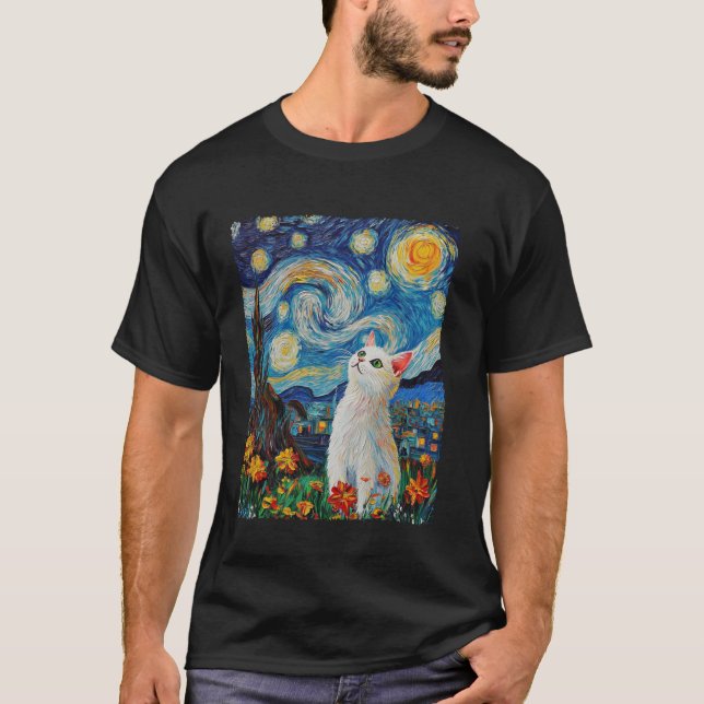 Van Gogh Stjärnkväll Vit Katt T Shirt (Framsida)