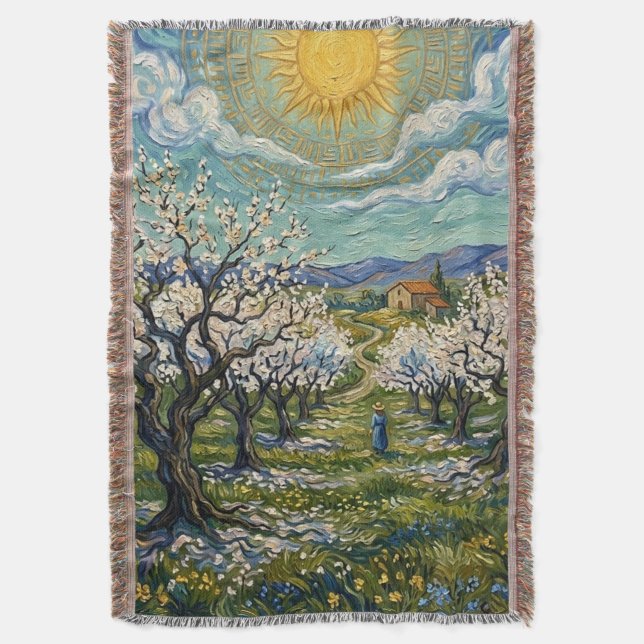 Van Gogh Style Almond Orchard Sunlit Blossom Fine  Filt (Framsidan Vertikal)