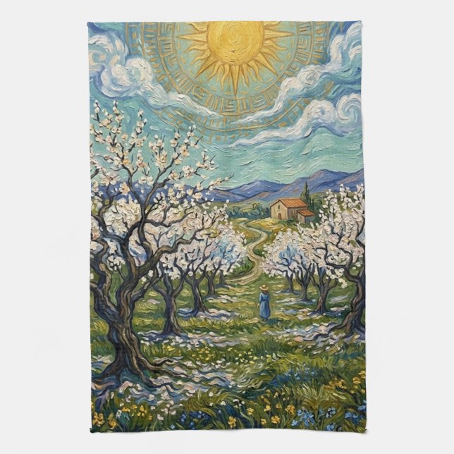 Van Gogh Style Almond Orchard Sunlit Blossom  Kökshandduk (Vertikal)