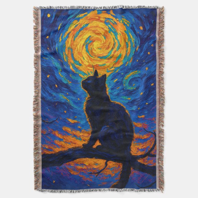 Van Gogh Style Black Cat Gazing at the Moon Filt (Framsidan Vertikal)