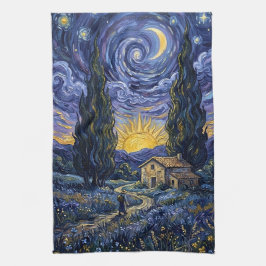 Van Gogh Style Cypress Dusk Midnight Moon Kökshandduk