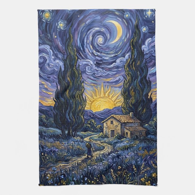 Van Gogh Style Cypress Dusk Midnight Moon Kökshandduk (Vertikal)