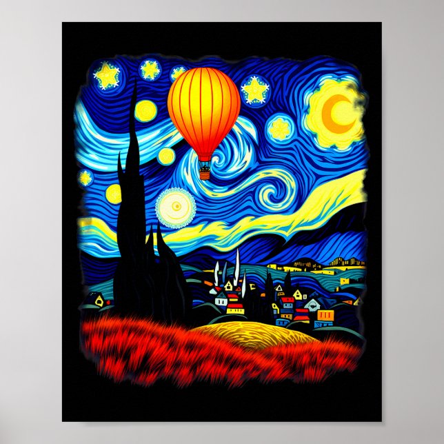 Van Gogh Style Hot Air Balloon Starry Night  Poster (Framsidan)