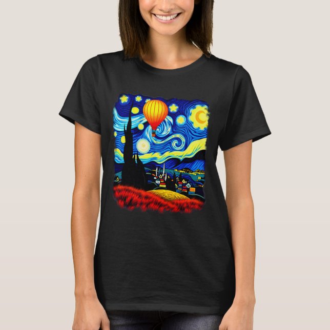 Van Gogh Style Hot Air Balloon Starry Night  T Shirt (Framsida)