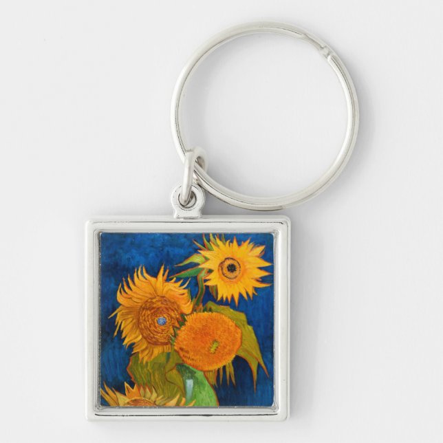 Van Gogh Sunblommor Fyrkantig Silverfärgad Nyckelring (Framsidan)