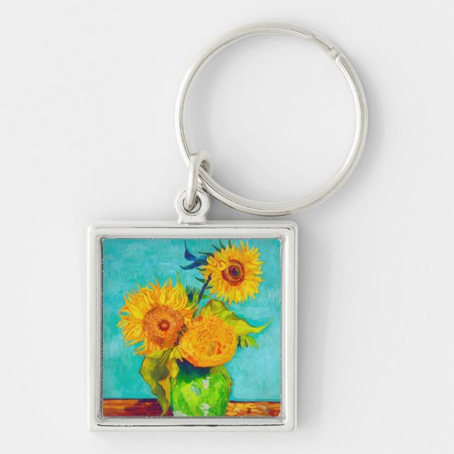 Van Gogh Sunblommor  Fyrkantig Silverfärgad Nyckelring (Framsidan)