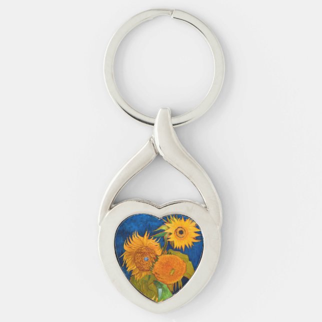 Van Gogh Sunblommor Twisted Heart Silverfärgad Nyckelring (Framsidan)