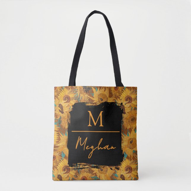Van Gogh Sunflowers Rust Brown Monogram  Tygkasse (Framsida)