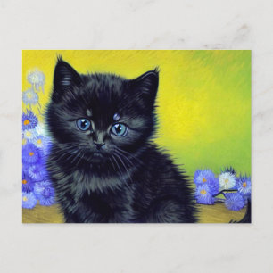 Van Gogh Svart Katt Lila Blommor Helg Vykort