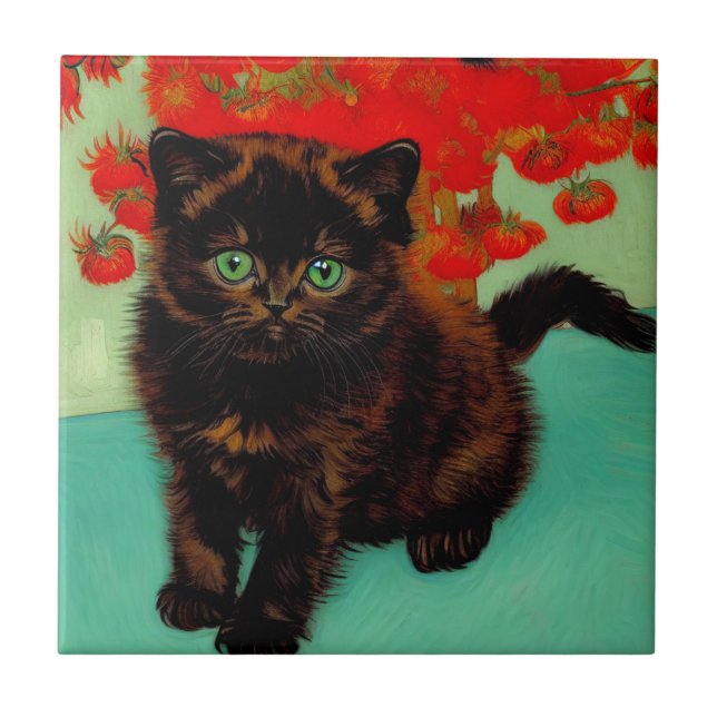 Van Gogh Svart Katt Röda Blommor Kakelplatta (Framsidan)