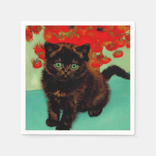 Van Gogh Svart Katt Röda Blommor Pappersservett (Framsidan)