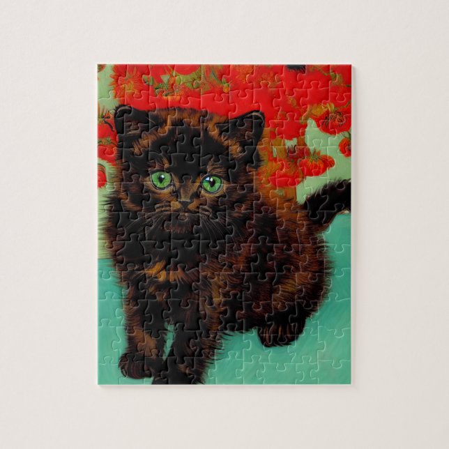 Van Gogh Svart Katt Röda Blommor Pussel (Vertikal)