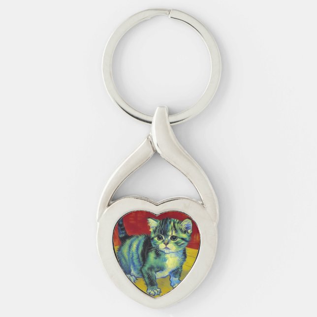 Van Gogh Tabby katt Twisted Heart Silverfärgad Nyckelring (Framsidan)