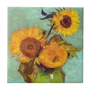 Van Gogh - Tre solrosor i en vas - Finkonst Kakelplatta