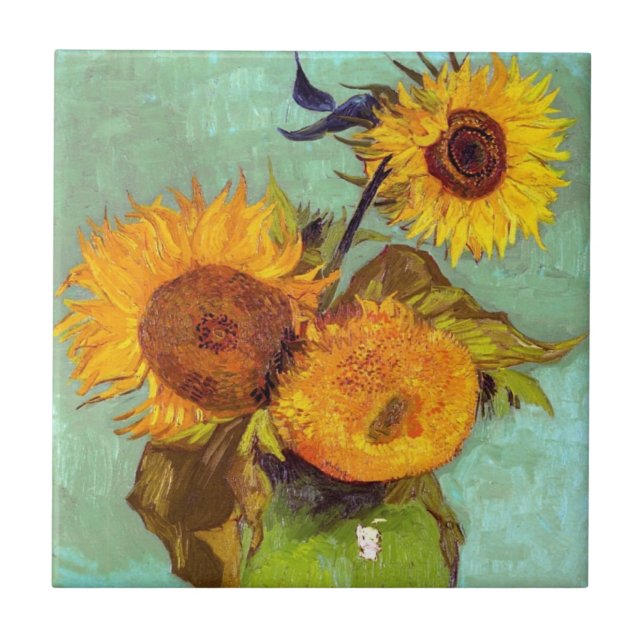 Van Gogh - Tre solrosor i en vas - Finkonst Kakelplatta (Framsidan)