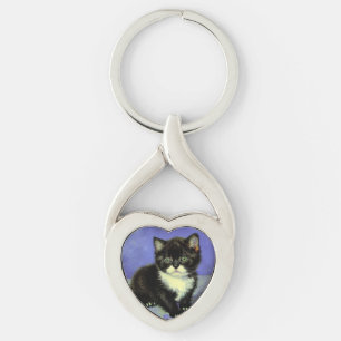 Van Gogh Tuxedo Kitten Twisted Heart Silverfärgad Nyckelring