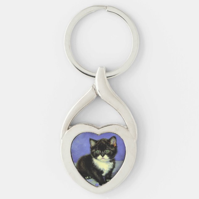 Van Gogh Tuxedo Kitten Twisted Heart Silverfärgad Nyckelring (Framsidan)