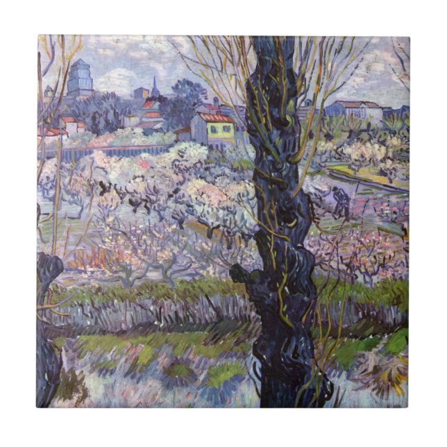 Van Gogh Utsikt över Arles Blommande Fruktodlingar Kakelplatta (Framsidan)