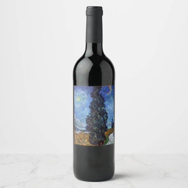 Van Gogh Vägen Med Cypressträd Impressionism Vinflaska Etikett (Framsida)